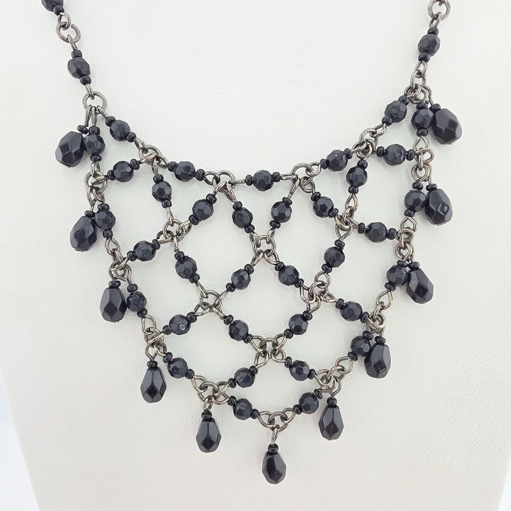 Vintage 1928 Brand Beaded Bib Necklace Victorian Art Deco Black Crystals 19"